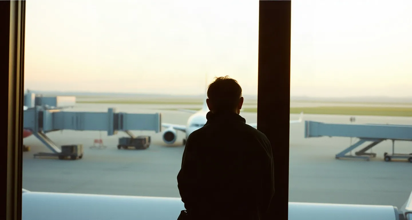 Traveller seen from behind at an airport window at dawn with a plane outside