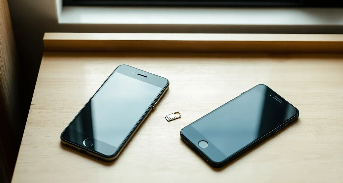Two phones with dark screens on a hotel desk beside a SIM eject pin