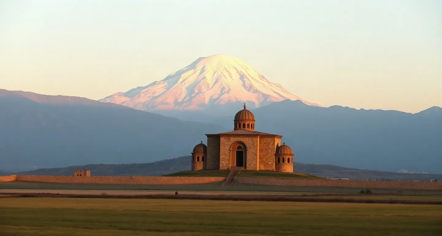 Mount Ararat rising behind Khor Virap monastery at sunrise, Armenia