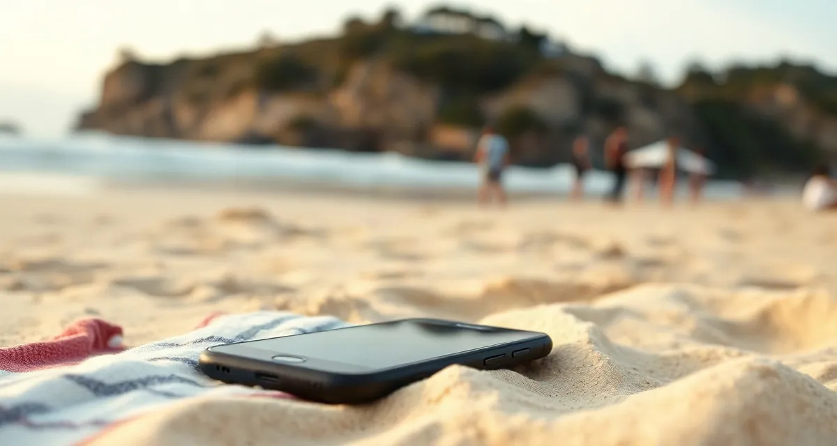 Phone with a dark screen on a beach towel, Australian surf blurred behind