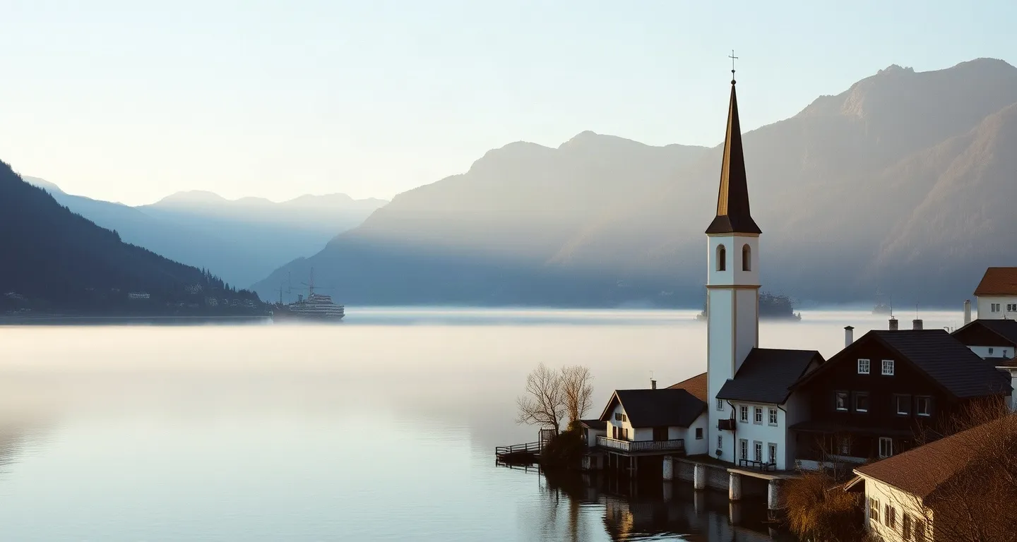 Alpine village and church spire on the lake at Hallstatt in morning mist, Austria