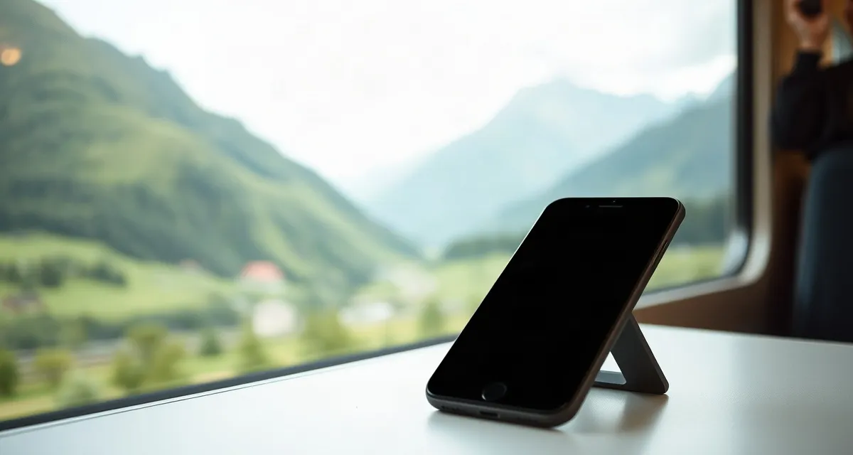 Train through the Alps Phone with a dark screen on a train table, Alpine valley outside, Austria