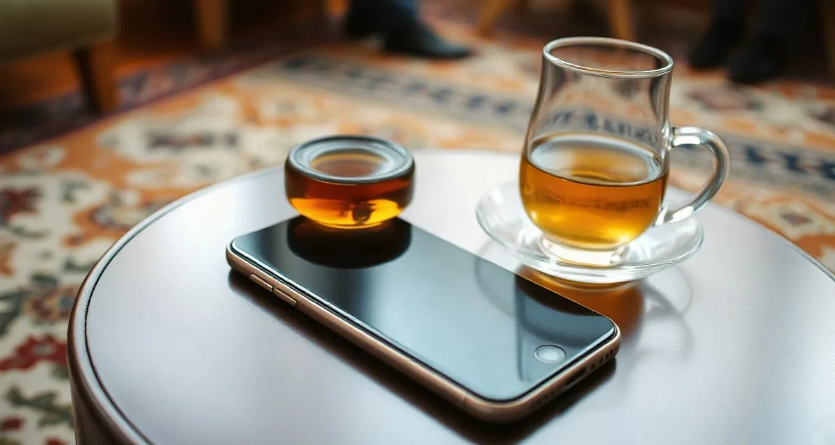 Phone with a dark screen beside a pear-shaped tea glass in Baku, carpets behind
