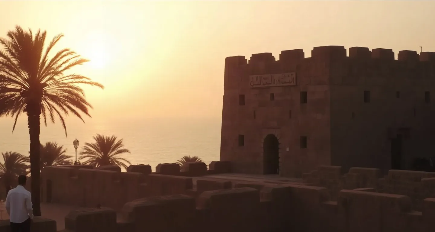 Ancient stone fort ruins with palm groves by the sea at golden hour, Bahrain