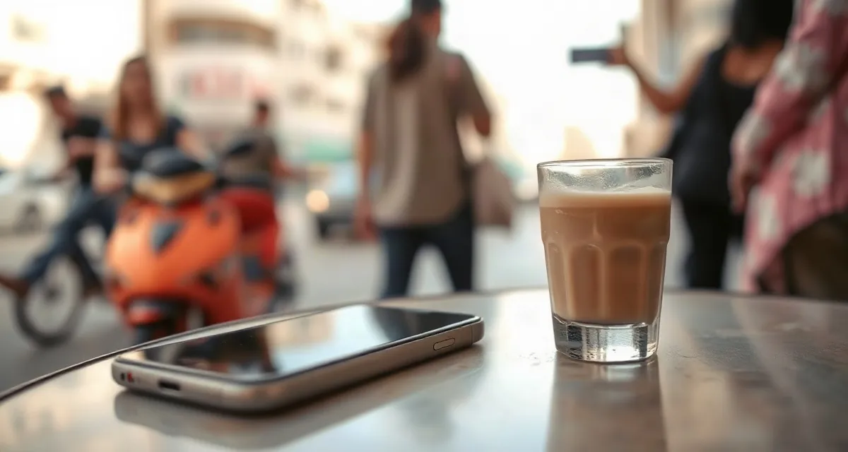 Phone with a dark screen beside a glass of spiced tea in a Manama café, Bahrain