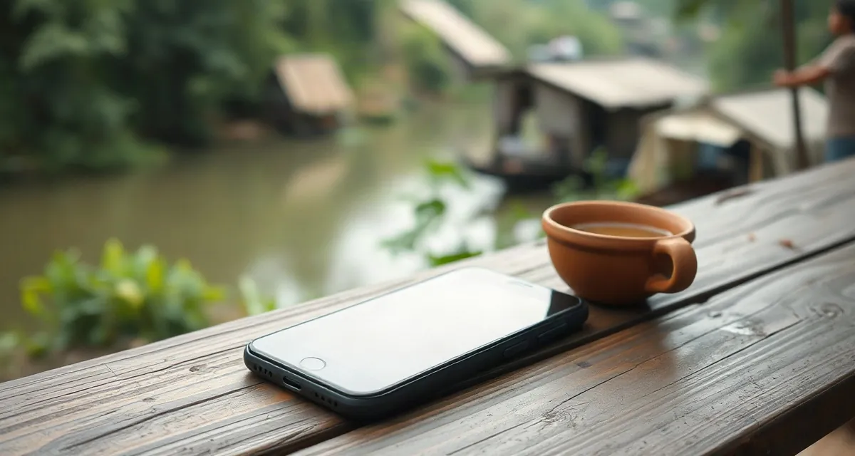 Phone with a dark screen beside a clay cup of tea at a Bangladesh tea stall