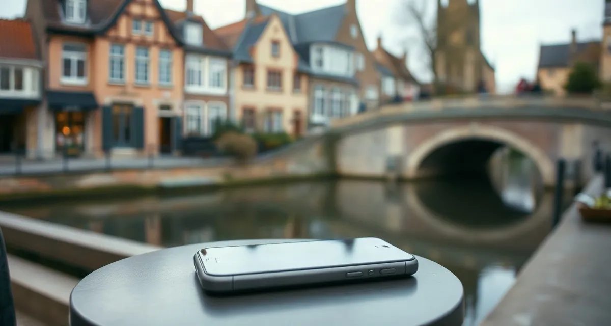 Canal café, Bruges Phone with a dark screen on a café table beside a canal in Bruges, Belgium