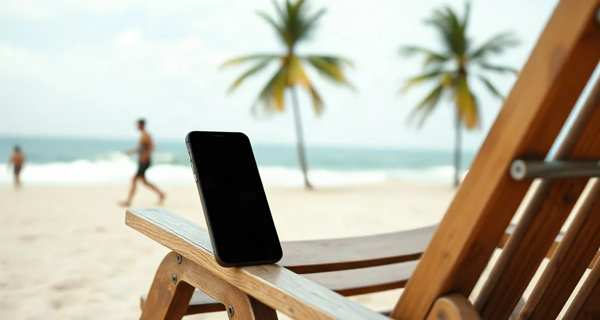 Phone with a dark screen on a beach chair on a Brazilian beach