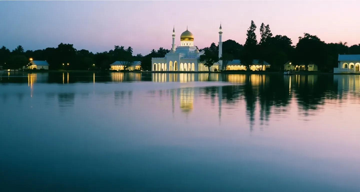 Mosque with a golden dome reflected in a calm lagoon at dusk in Bandar Seri Begawan, Brunei