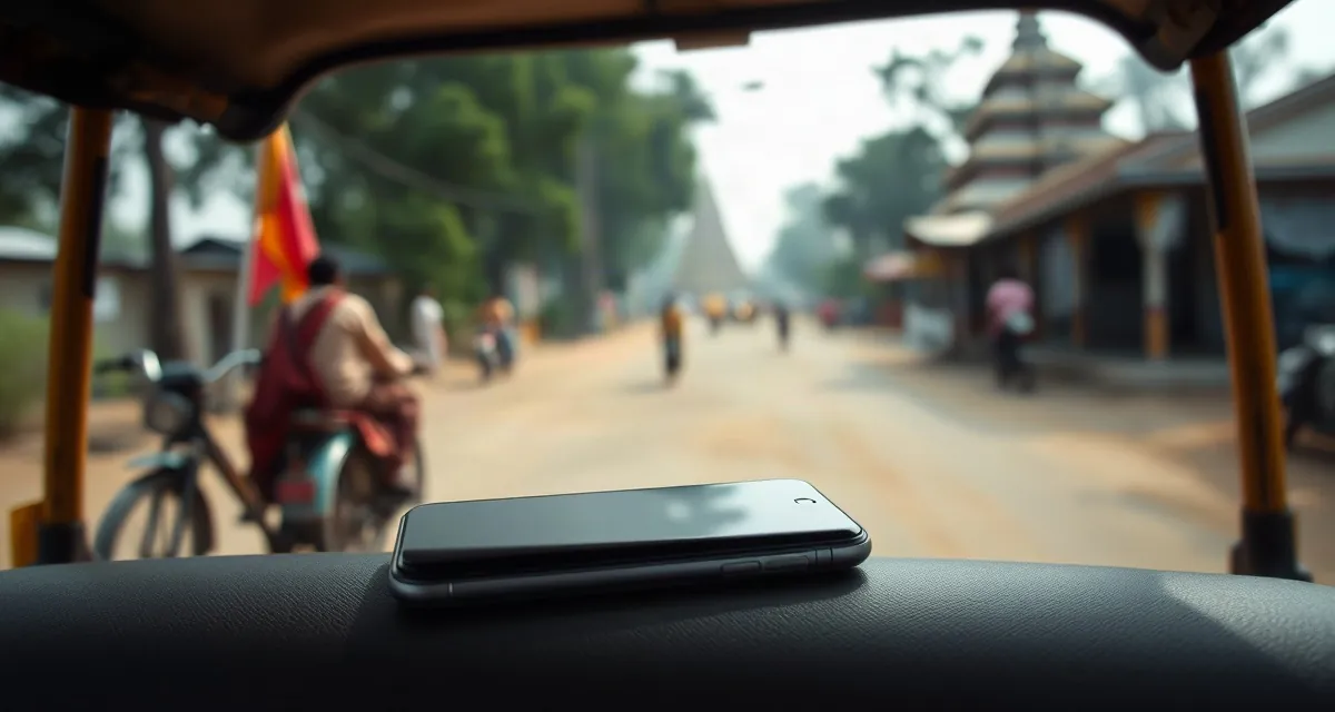 Tuk-tuk ride, Cambodia Phone with a dark screen on a tuk-tuk seat on a temple road in Cambodia
