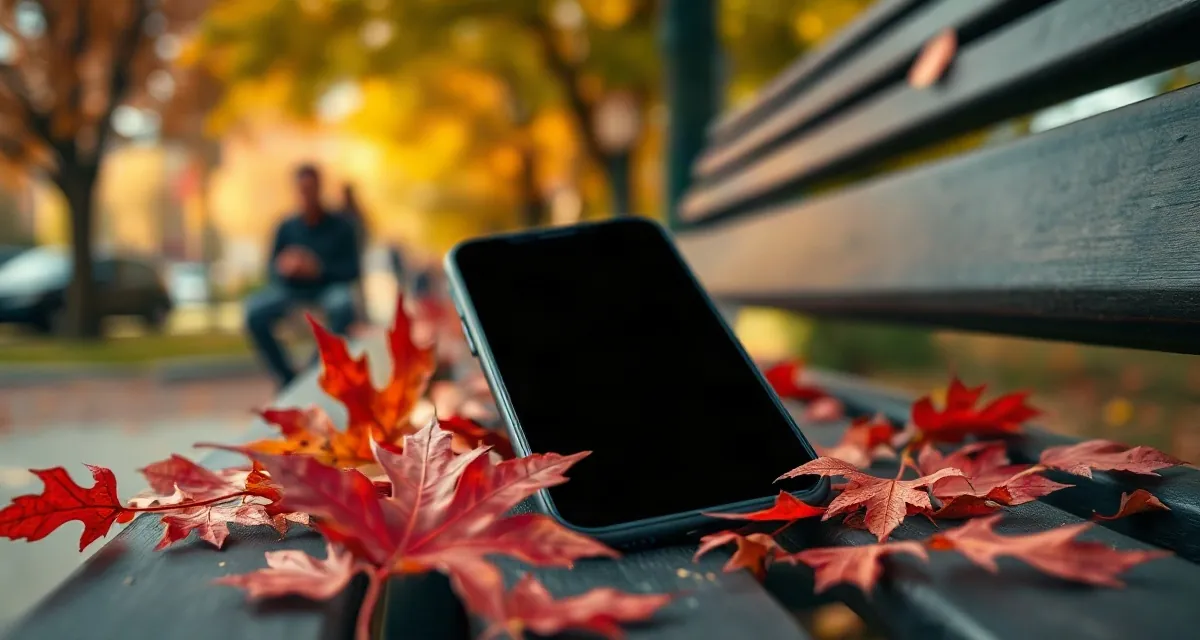 Phone with a dark screen on a bench with red maple leaves in an autumn park
