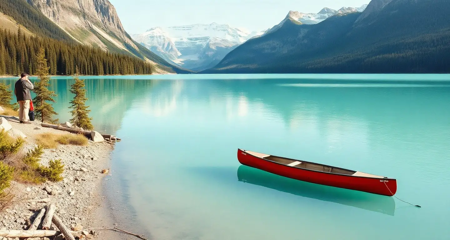 Turquoise lake with a canoe, pine forest and the Canadian Rockies behind