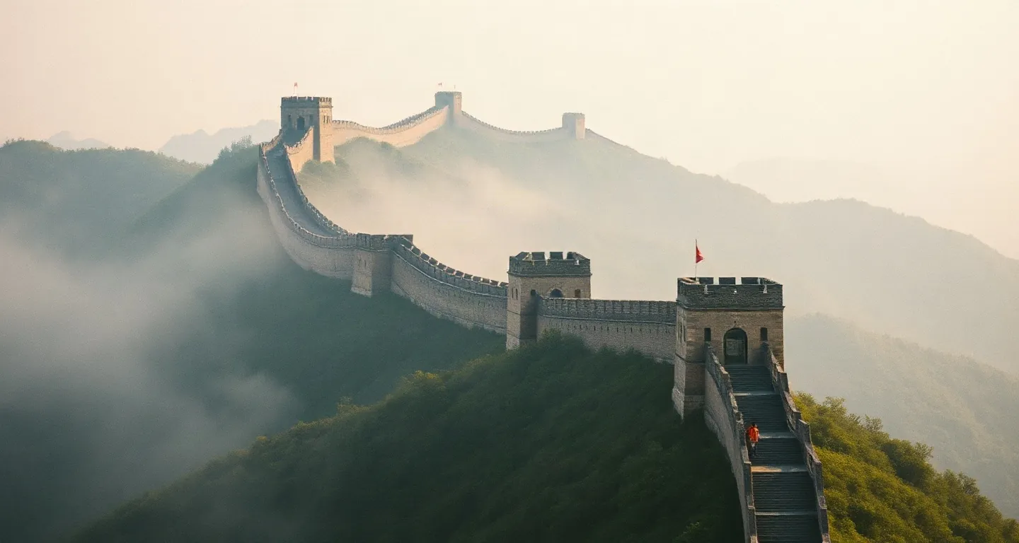 The Great Wall of China winding over green hills in soft haze