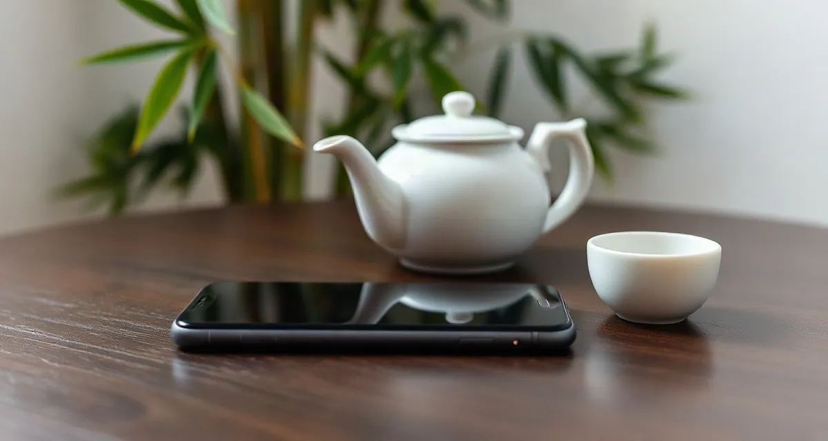 Phone with a dark screen beside a porcelain teapot in a Chinese courtyard