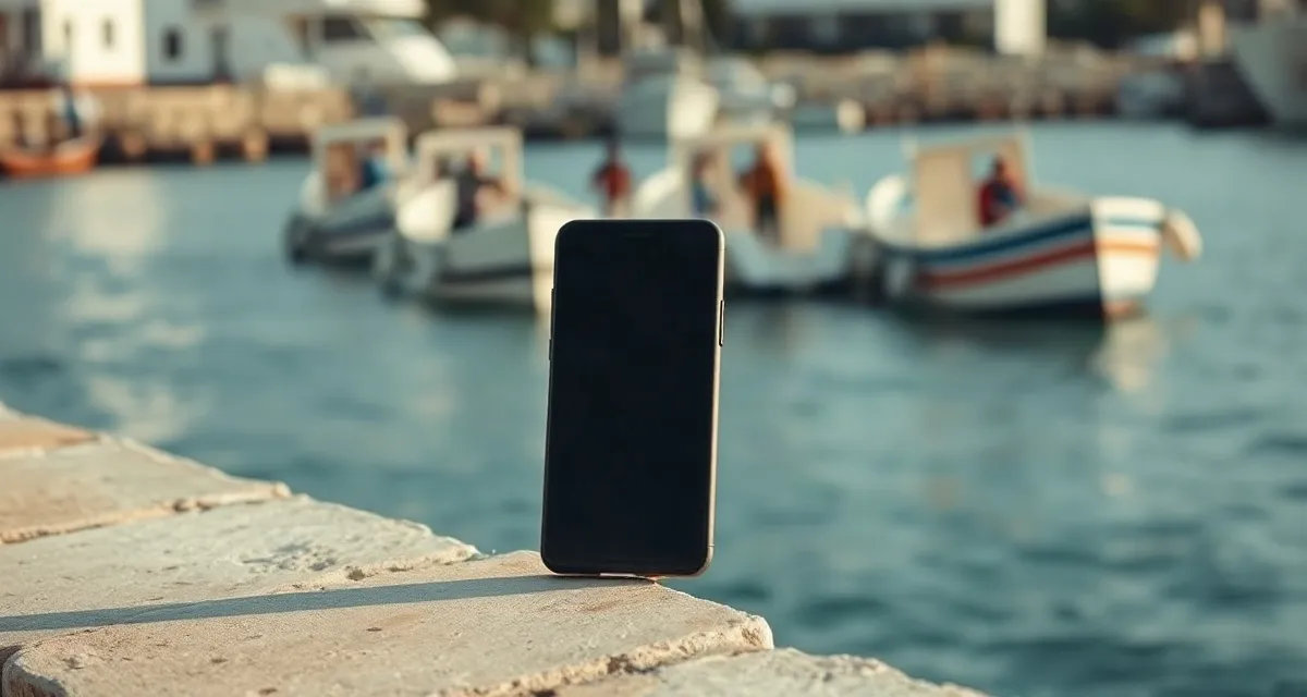 Harbour, Paphos Phone with a dark screen on a stone harbour wall in Paphos, Cyprus