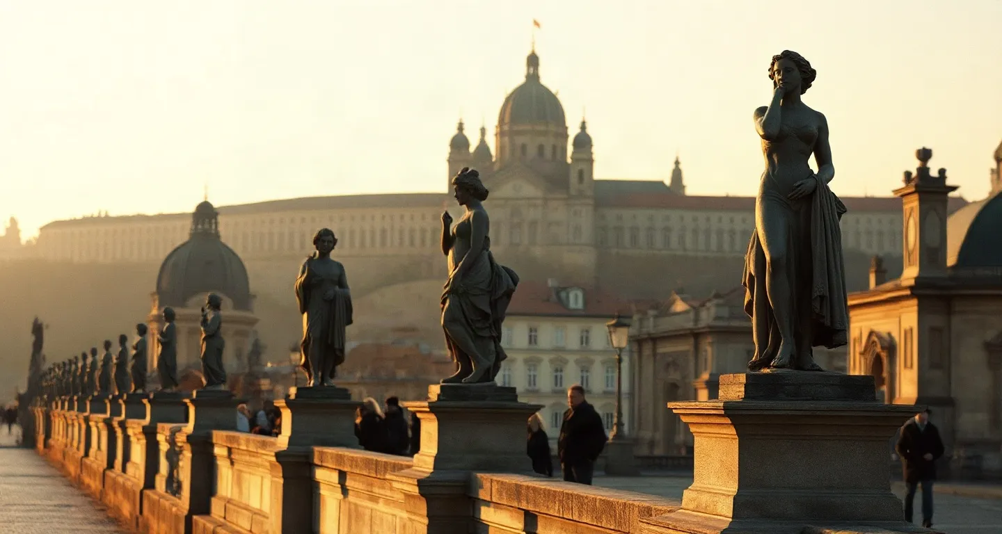 Stone statues on Charles Bridge with Prague Castle behind at sunrise, Czech Republic