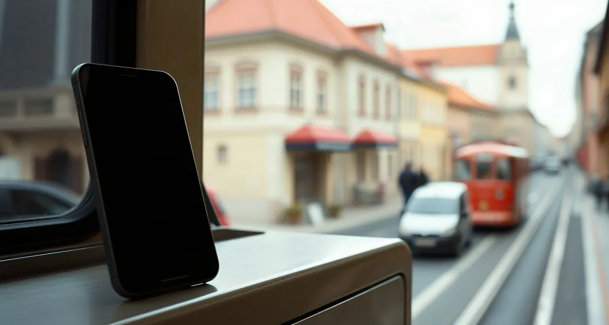 Tram, Prague Phone with a dark screen on a tram window ledge in Prague, Czech Republic