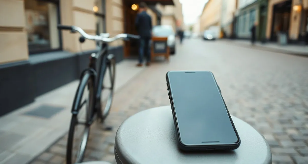 Café stop, Copenhagen Phone with a dark screen on a café table beside a bicycle in Copenhagen