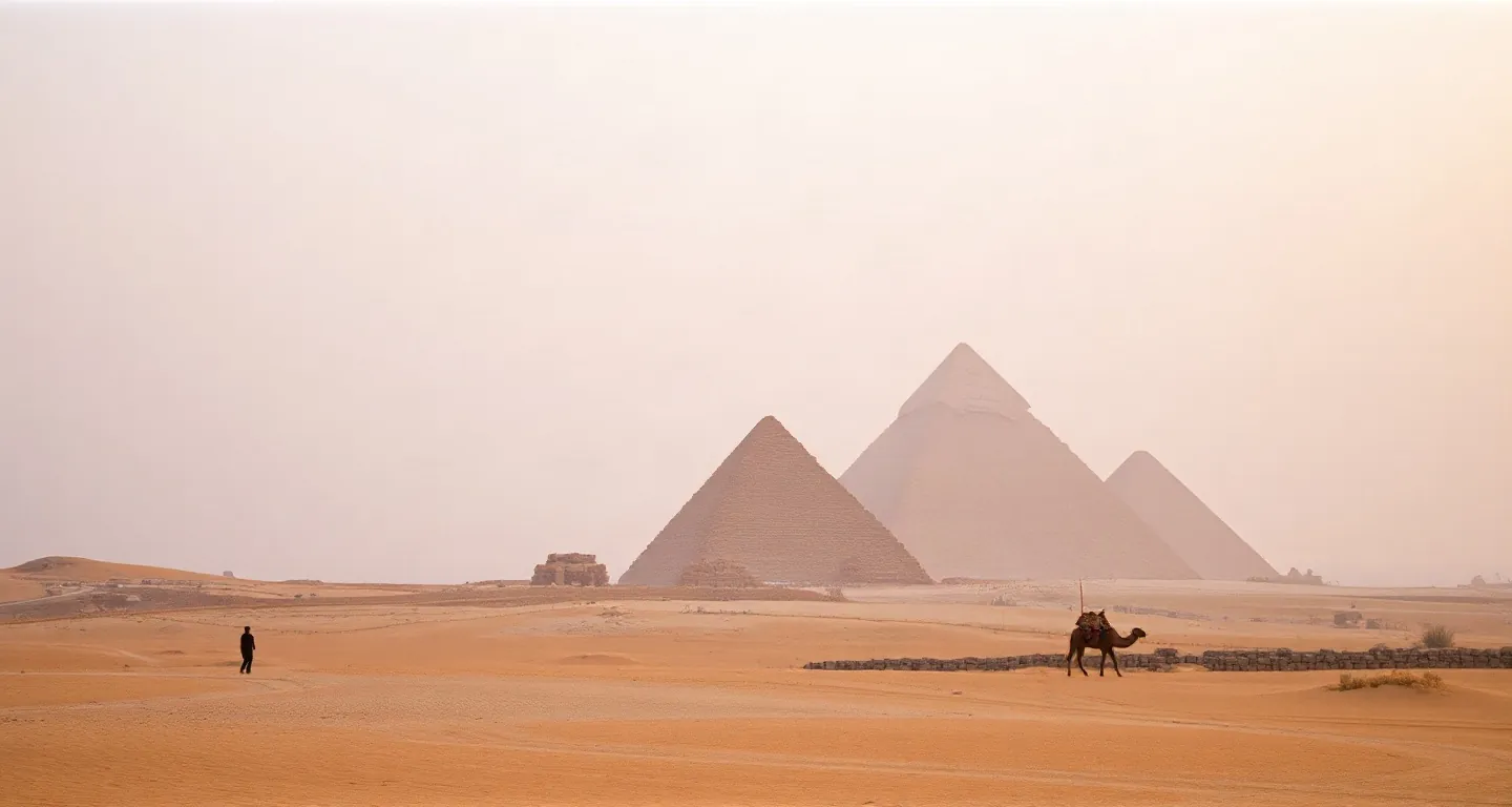 The Giza pyramids at sunrise in soft desert haze, Egypt
