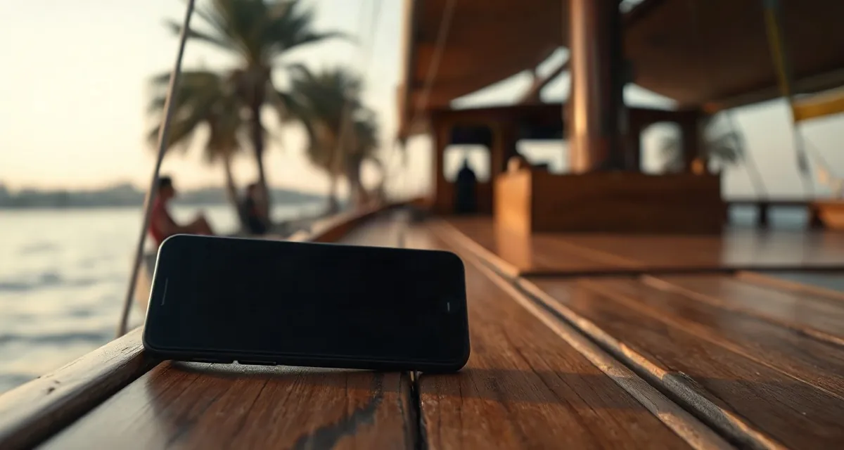 Phone with a dark screen on a felucca deck on the Nile, palms behind