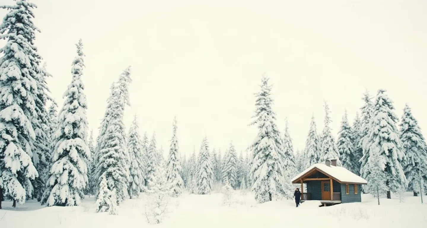 Snowy pine forest and a wooden cabin under a pale winter sky in Lapland, Finland