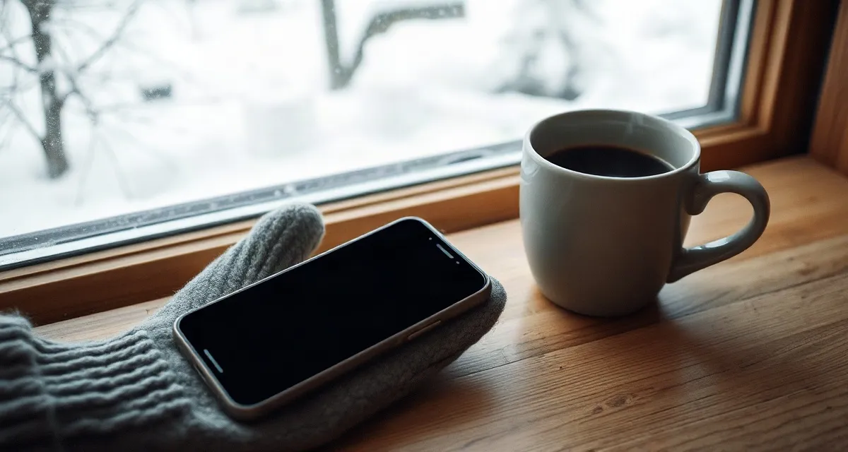 Phone with a dark screen on a wool mitten beside a mug of coffee in Finland