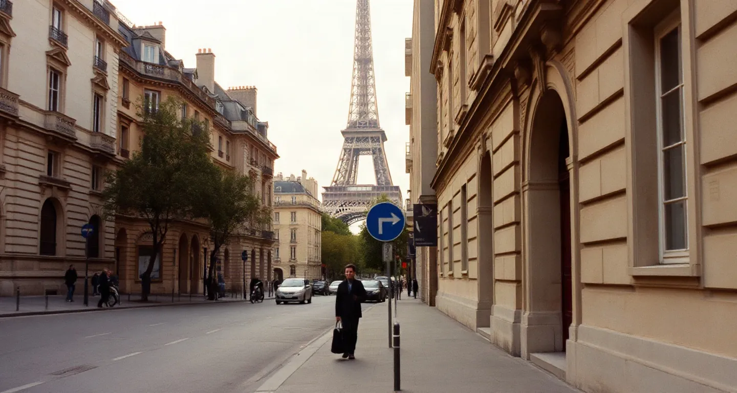Eiffel Tower at the end of a quiet Paris street in early morning