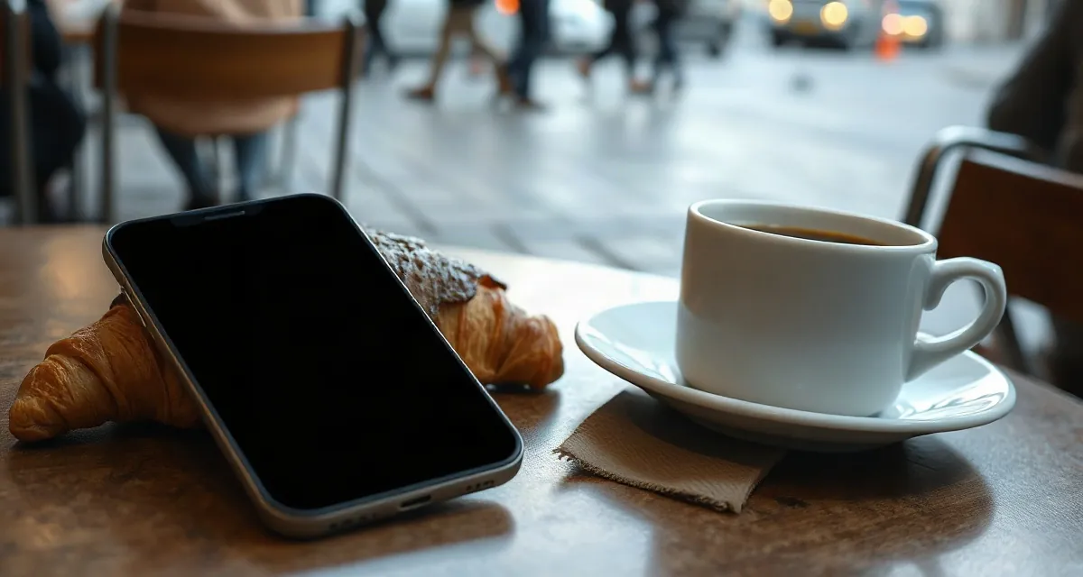 Bistro in Paris Phone with a dark screen beside a croissant and coffee on a Paris bistro table