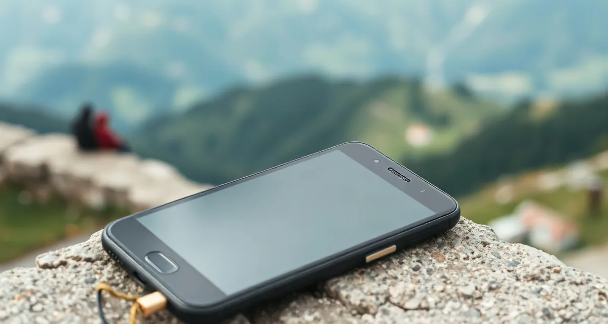 Phone with a dark screen on a stone wall, green Caucasus valley behind