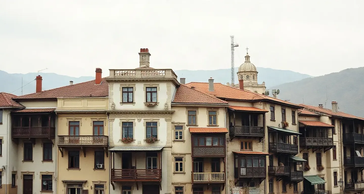 Old Tbilisi houses with carved wooden balconies on a hillside, Georgia