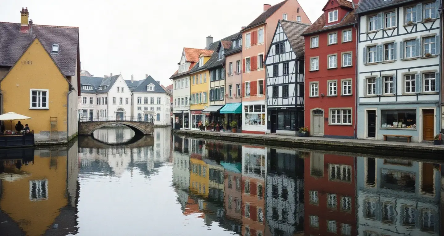 Half-timbered houses along a calm river in a Bavarian town, Germany
