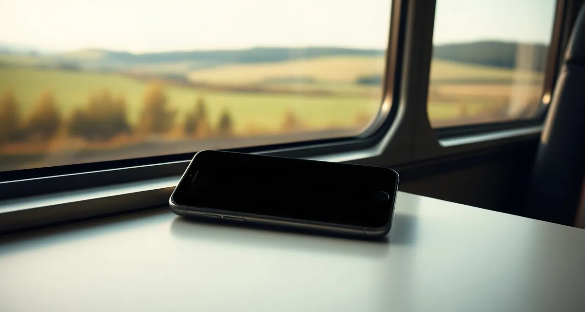 Phone with a dark screen on a train table, German countryside outside the window