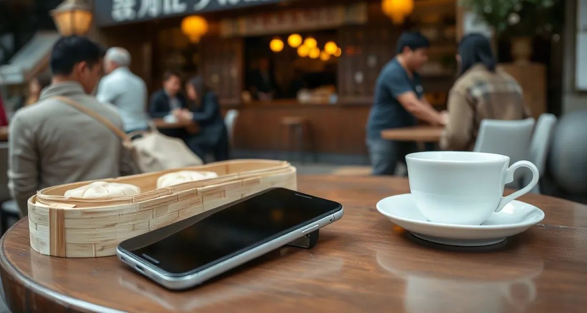 Phone with a dark screen beside bamboo dim sum baskets in a Hong Kong tea house