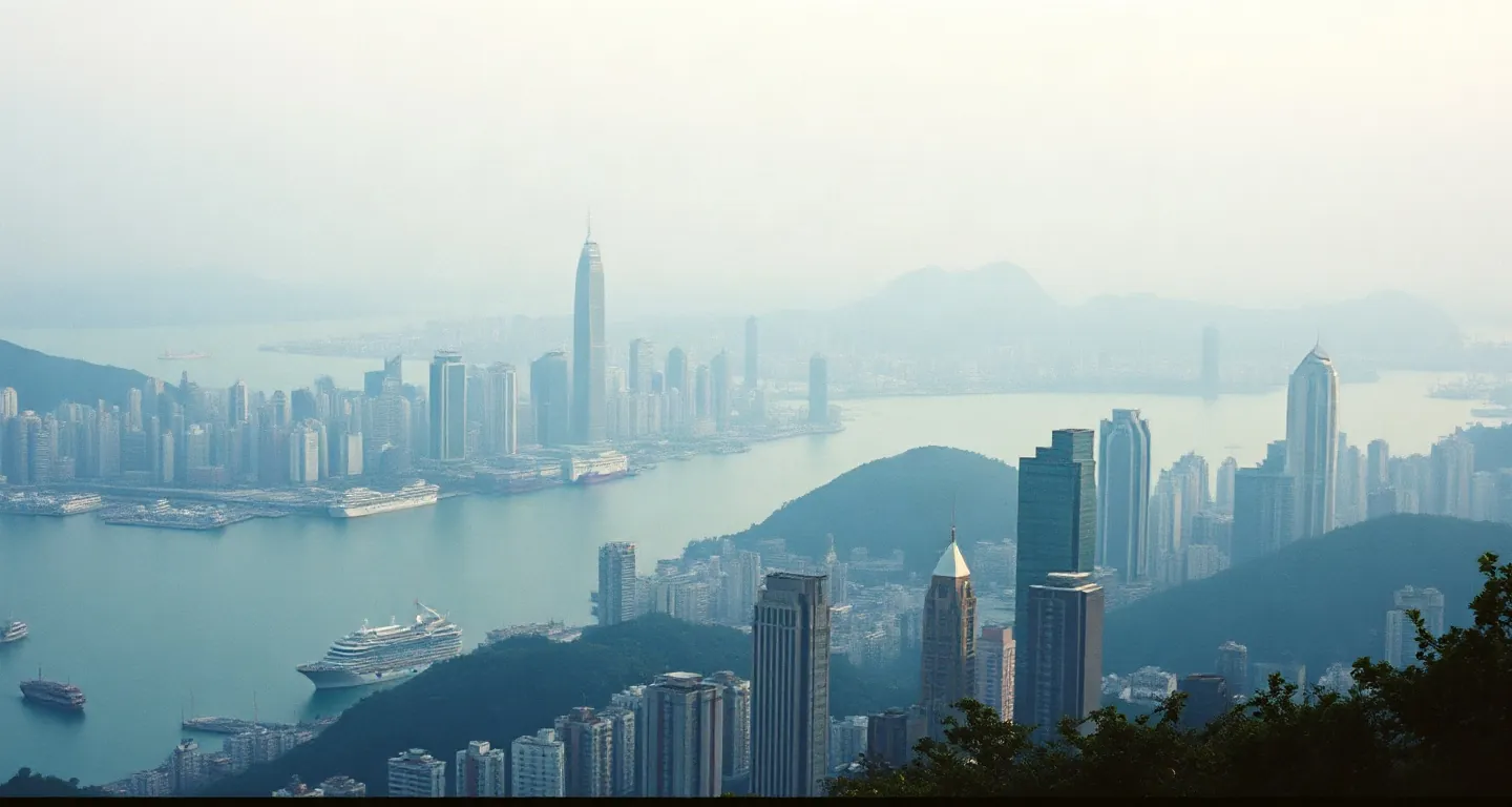 Victoria Harbour skyline from a hilltop at blue hour, Hong Kong
