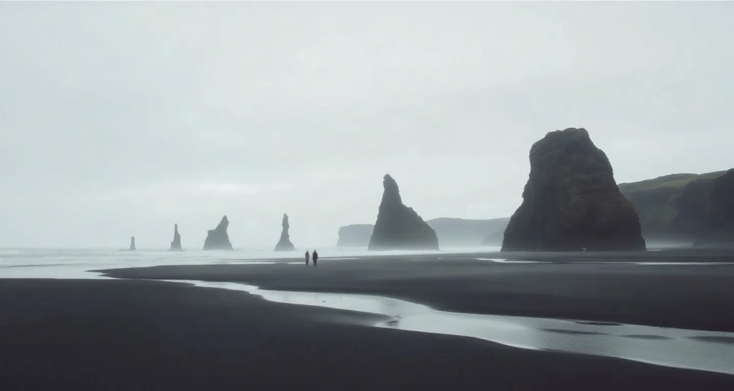 Black-sand beach and basalt sea stacks under a grey sky in south Iceland