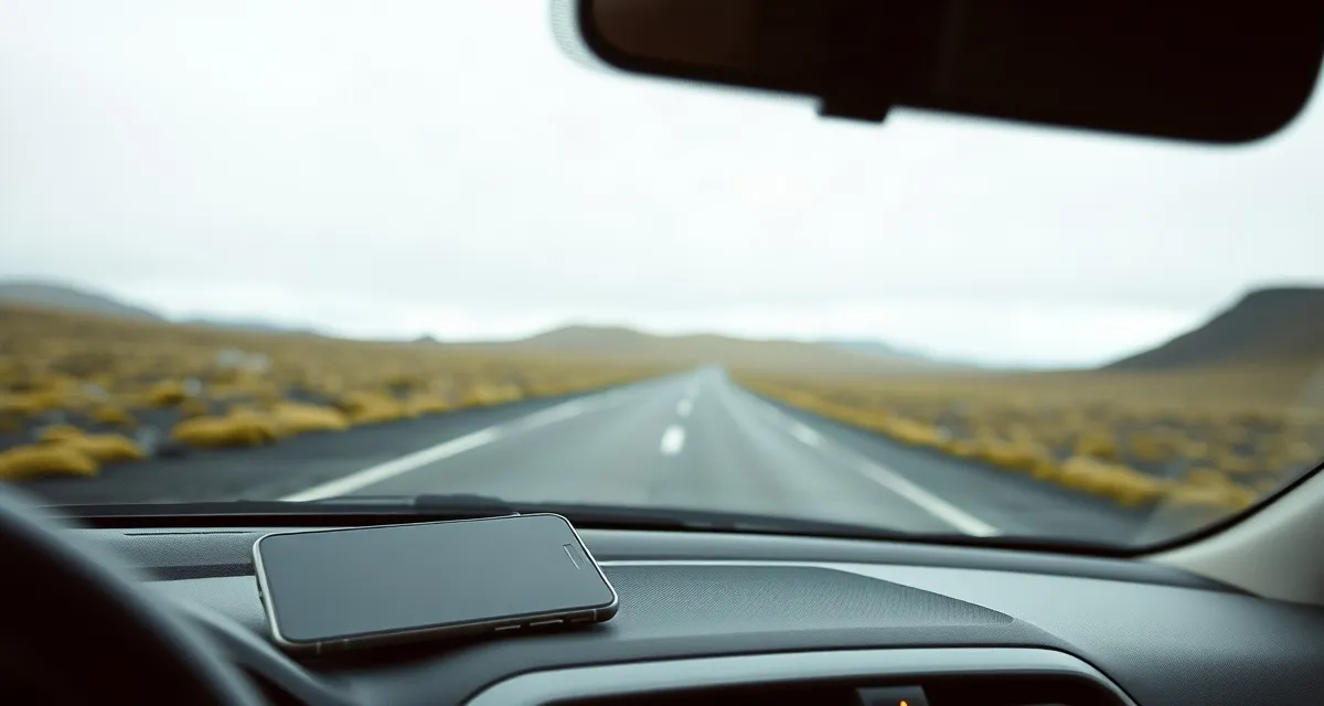 Ring Road drive, Iceland Phone with a dark screen on a car dashboard on an empty road in Iceland