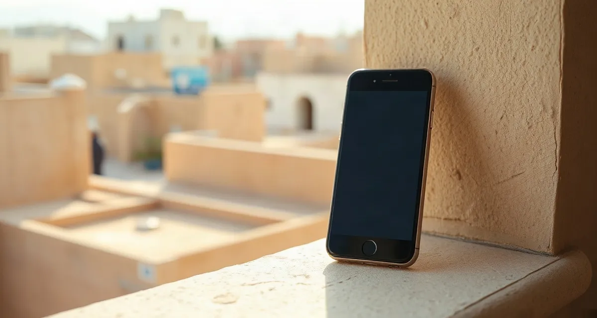 Hotel window, Iraq Phone with a dark screen on a hotel windowsill in warm desert light, Iraq