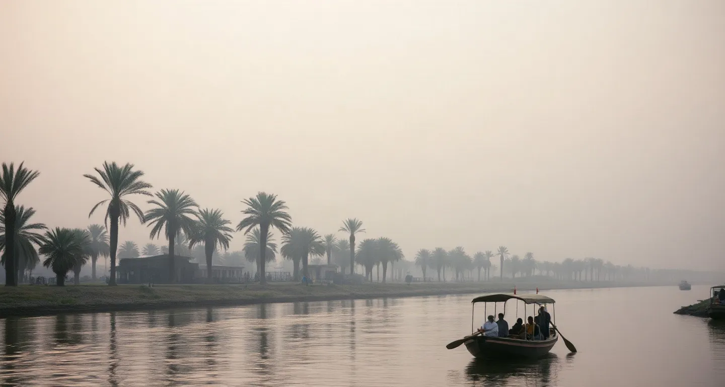 Date palm groves along a wide river at dusk in Iraq