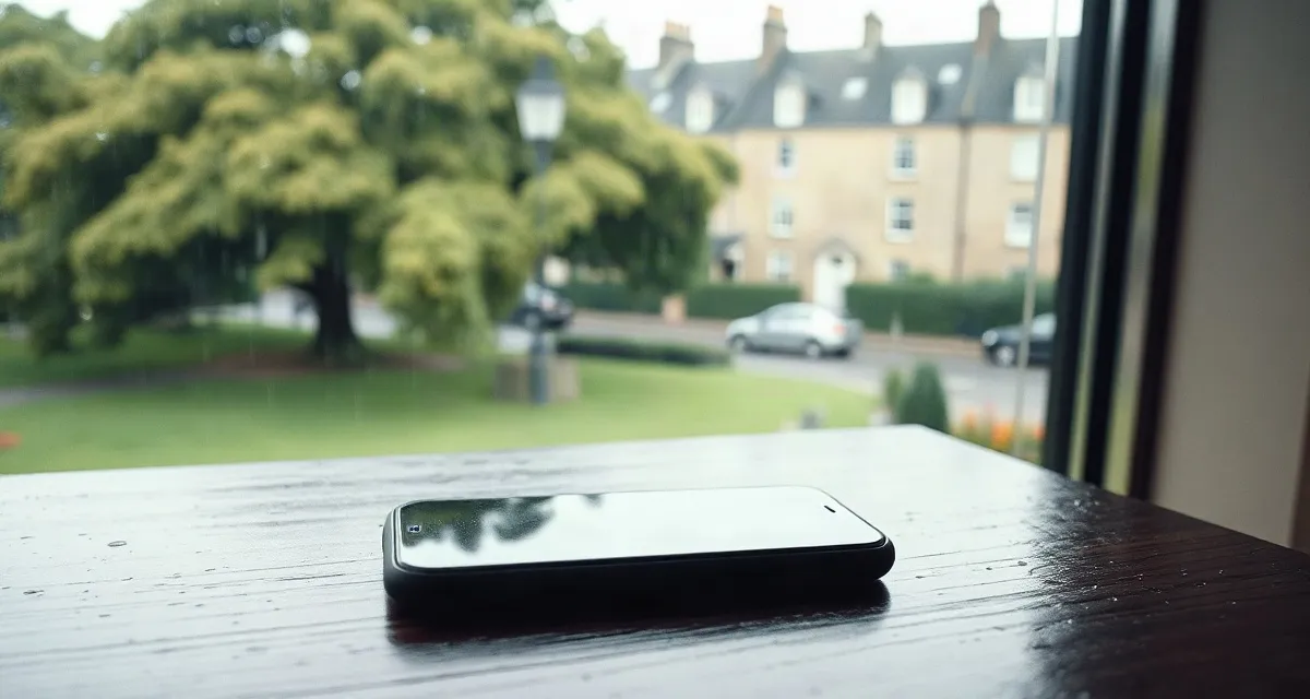 Phone with a dark screen on a wooden table by a rain-streaked window in Dublin