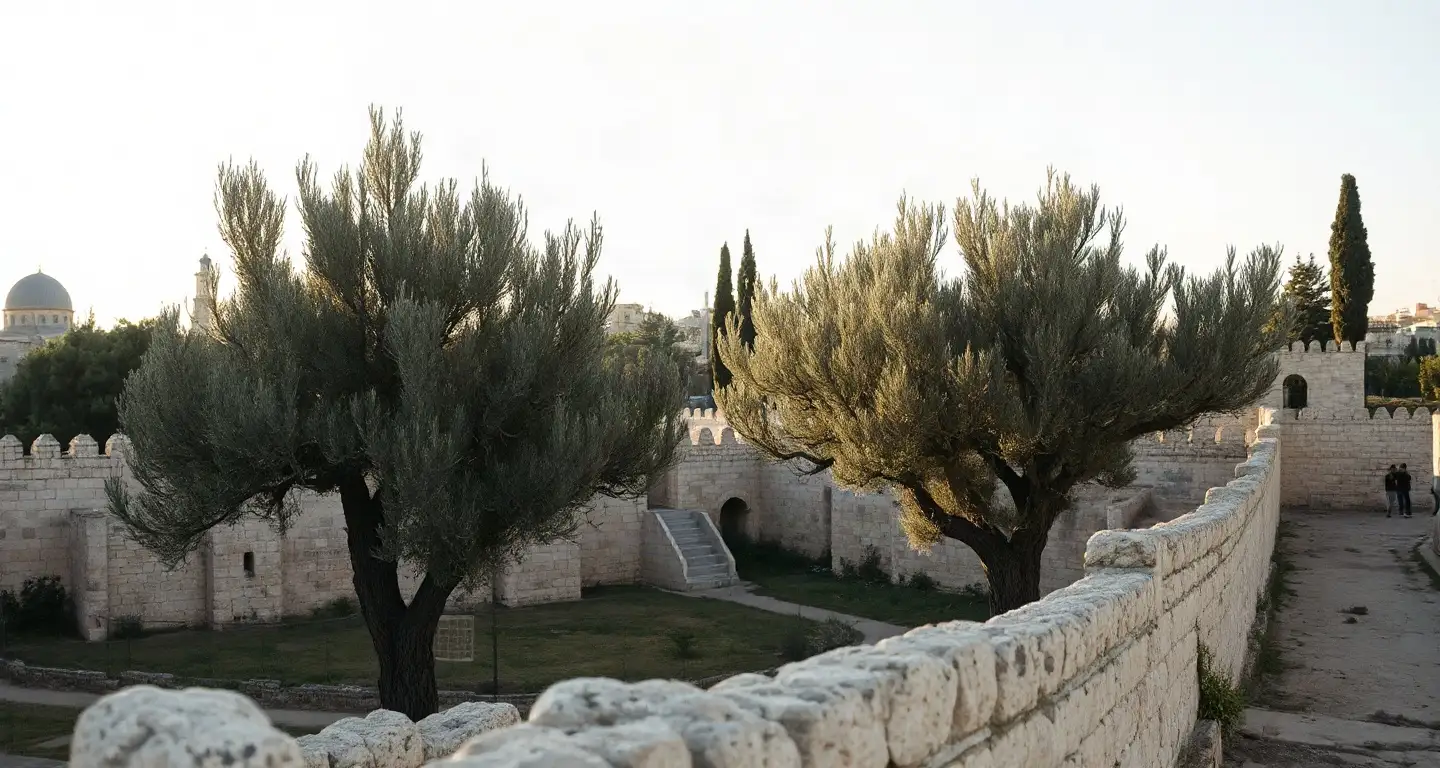 Old stone city walls and olive trees in late-afternoon light, Jerusalem