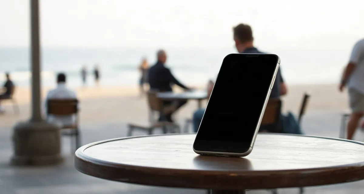 Phone with a dark screen on a café table on a beach promenade in Tel Aviv