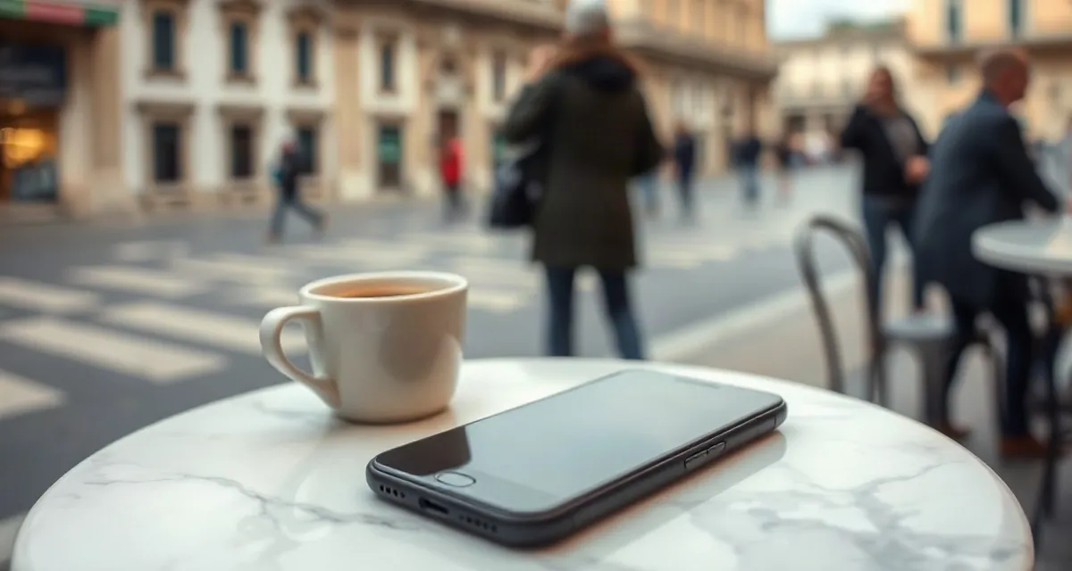 Phone with a dark screen beside an espresso on a marble table in a Roman piazza