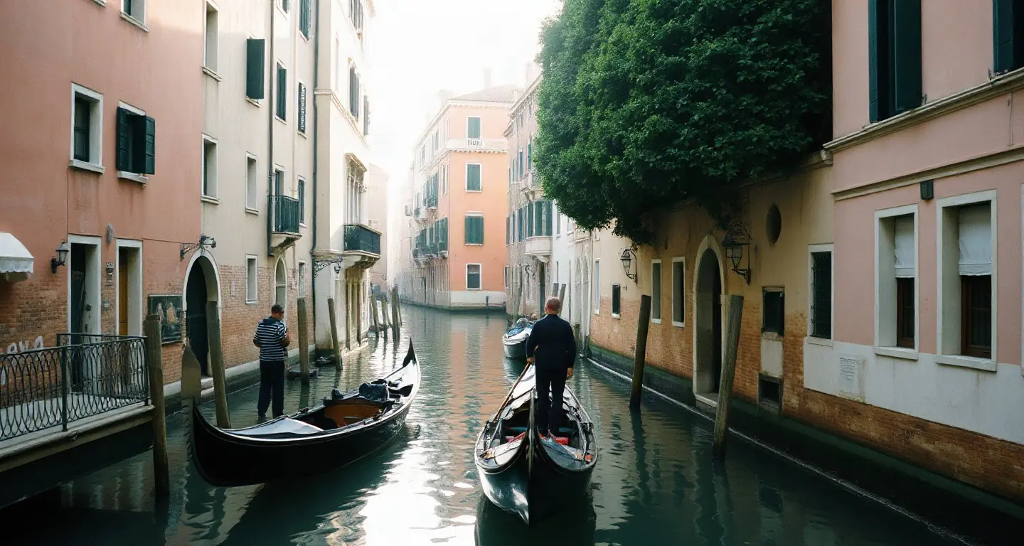 Quiet Venice canal with a gondola and pastel buildings in morning light, Italy