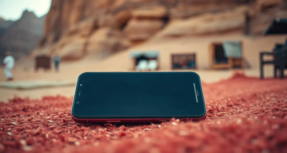 Phone with a dark screen on a rug at a Wadi Rum desert camp, Jordan
