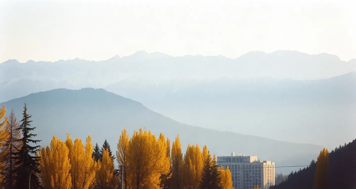 Almaty with snowy Tian Shan mountains behind and golden autumn trees, Kazakhstan