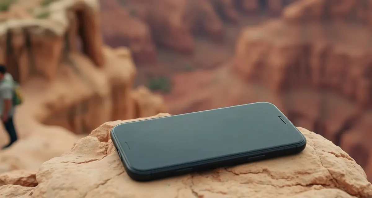 Canyon viewpoint, Kazakhstan Phone with a dark screen on a rock at a red canyon viewpoint in Kazakhstan