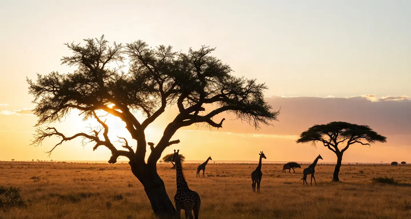 Acacia tree on the golden savannah with giraffes at sunset, Kenya
