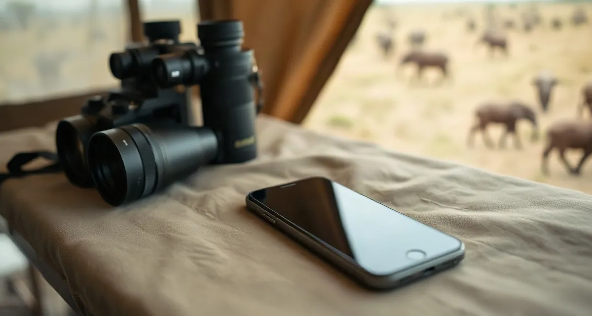 Phone with a dark screen beside binoculars on a safari tent table in Kenya