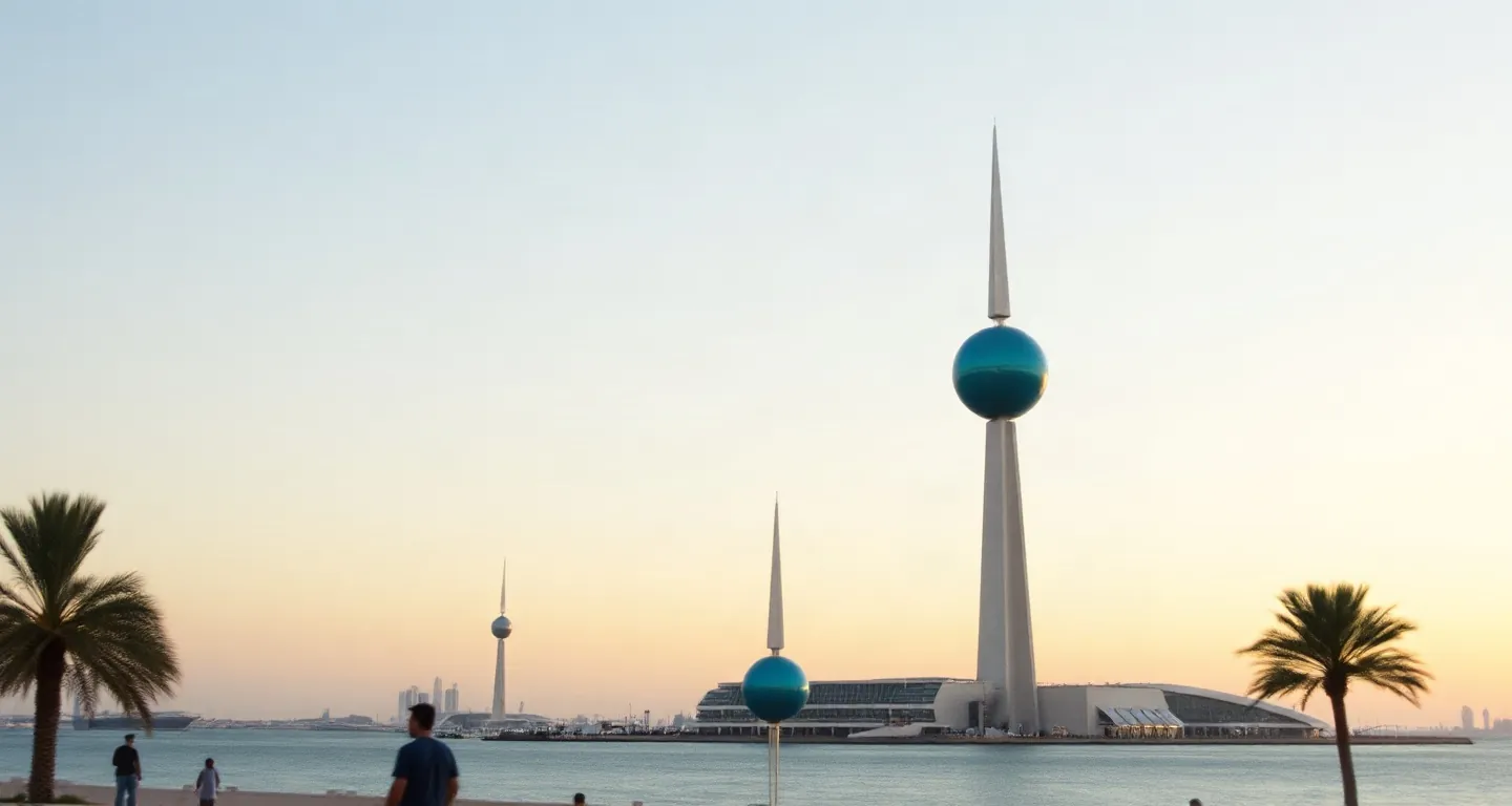 Slender towers with blue-green tiled spheres by the sea at sunset, Kuwait City