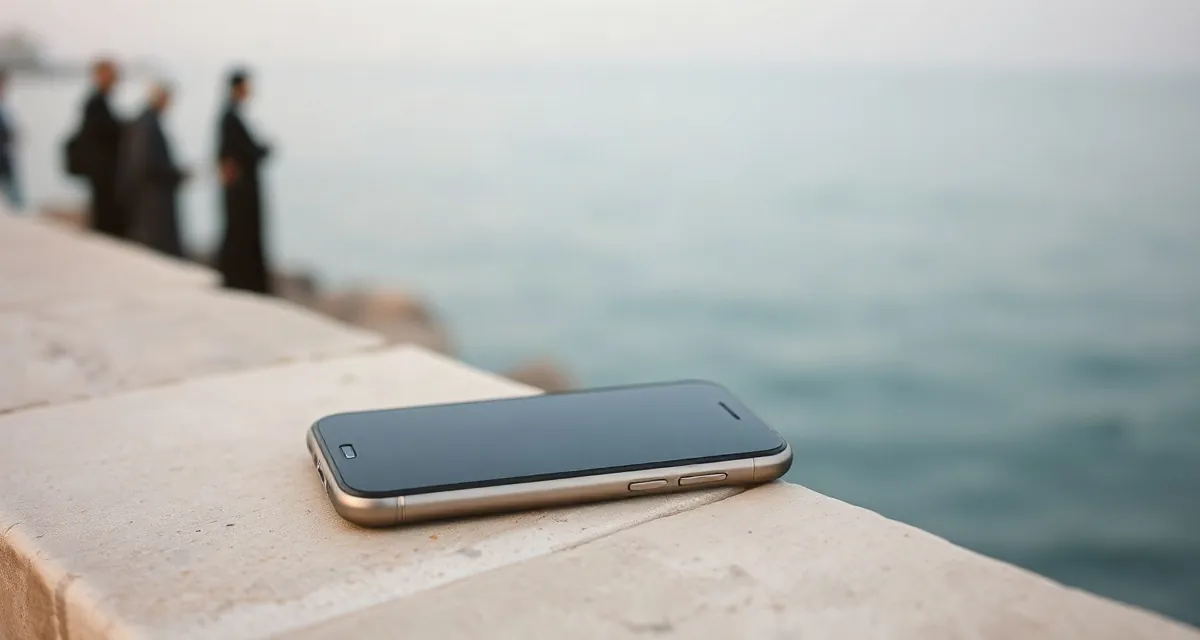 Phone with a dark screen on a seafront wall by the Arabian Gulf in Kuwait